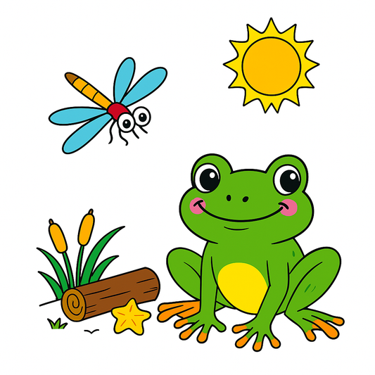 Cartoon frog with dragonfly, sun, and log on a white background