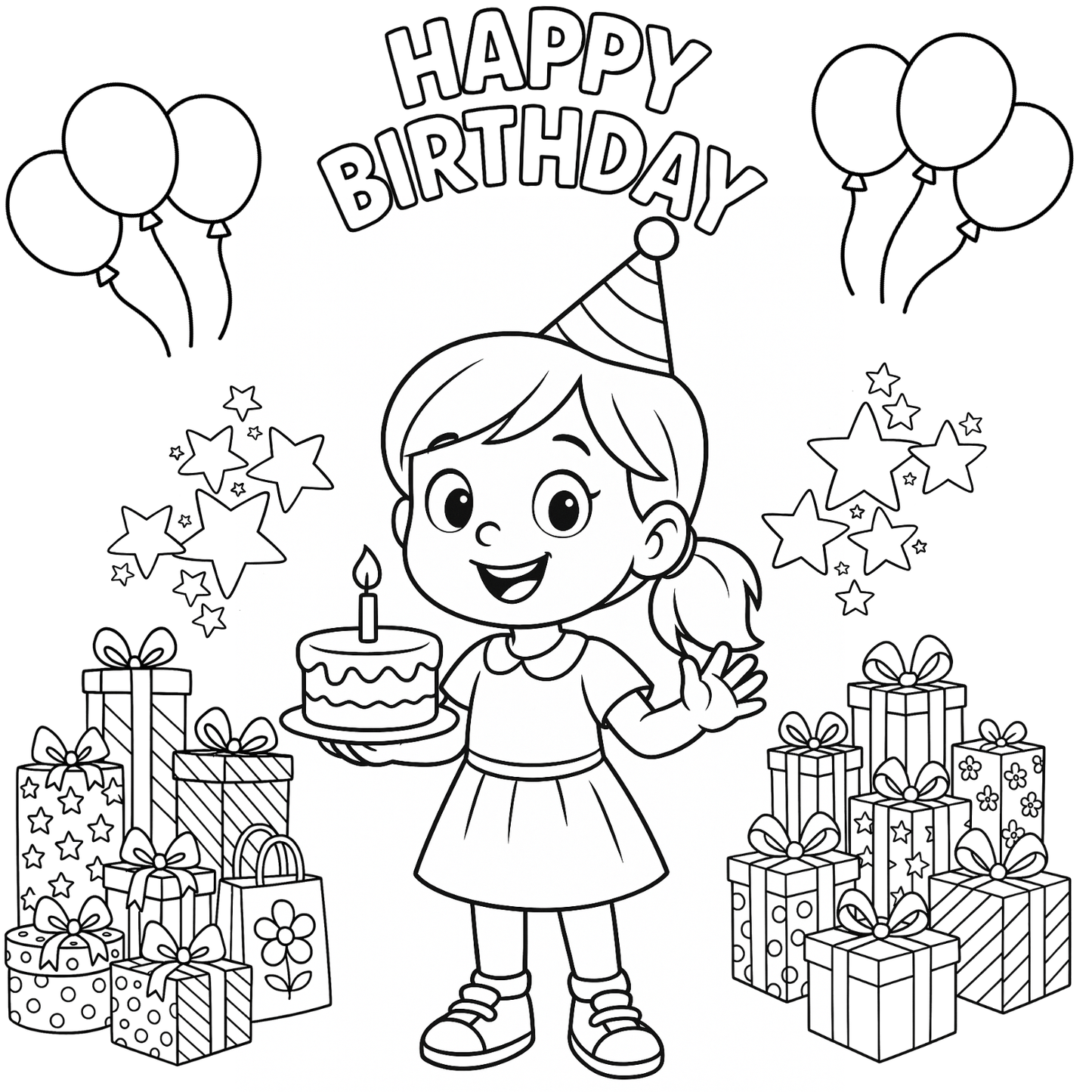 Black and white illustration of a birthday girl with cake, balloons, and presents.