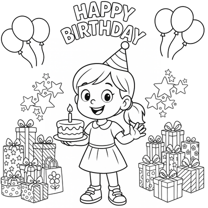 Black and white illustration of a birthday girl with cake, balloons, and presents.