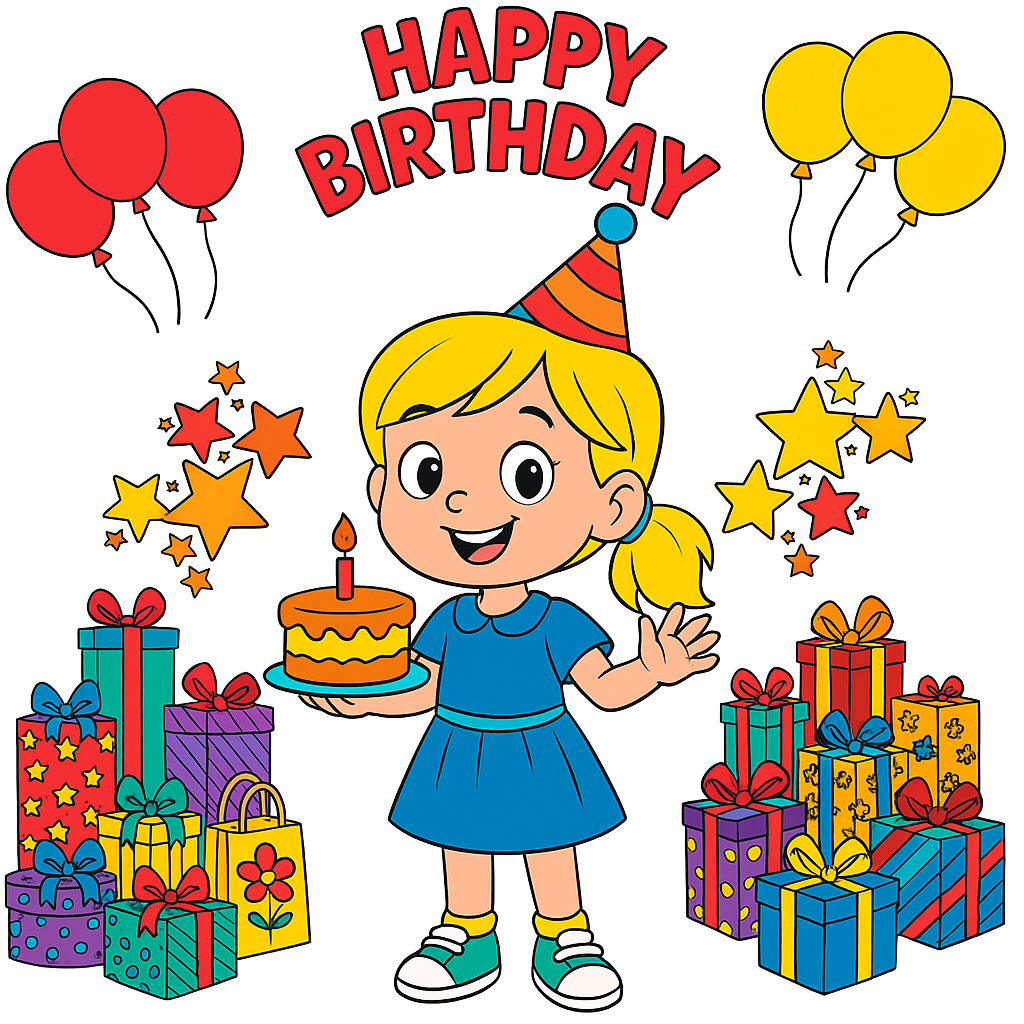 Cartoon girl celebrating birthday with cake, balloons, and presents
