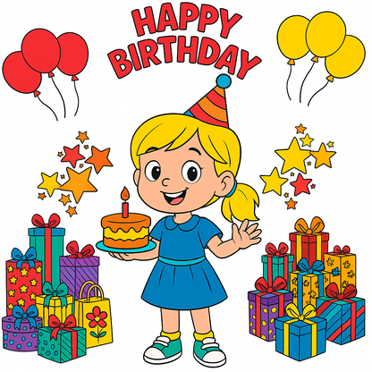 Cartoon girl celebrating birthday with cake, balloons, and presents