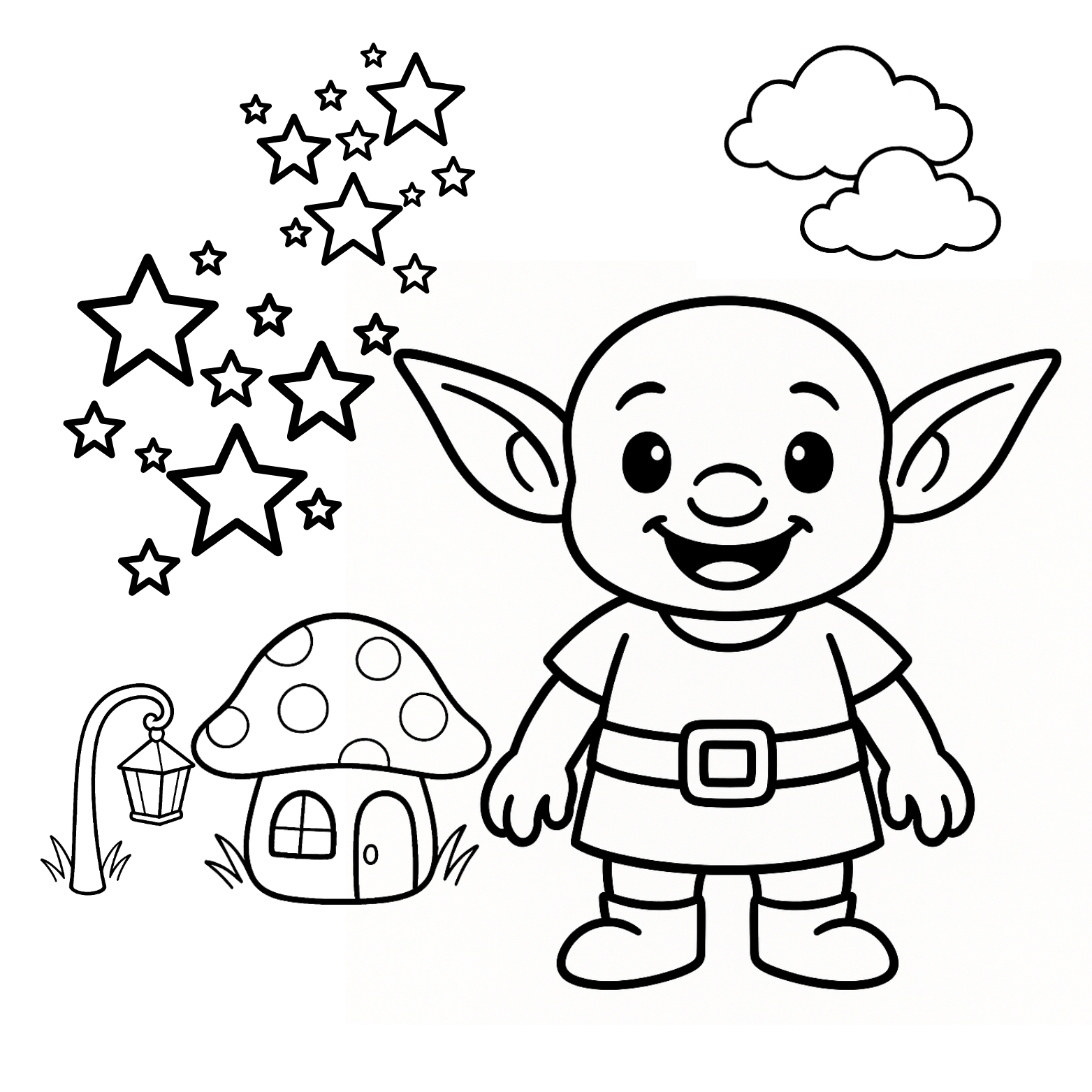 Cartoon elf with stars and a mushroom house on a white background