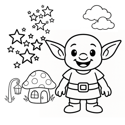 Cartoon elf with stars and a mushroom house on a white background