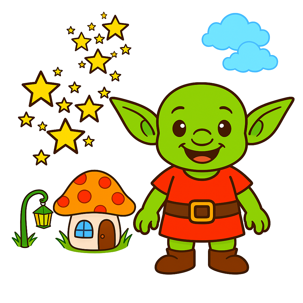 Cartoon green goblin character with a mushroom house and stars on a white background