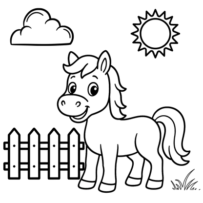 Cartoon horse with a fence, cloud, and sun on a white background