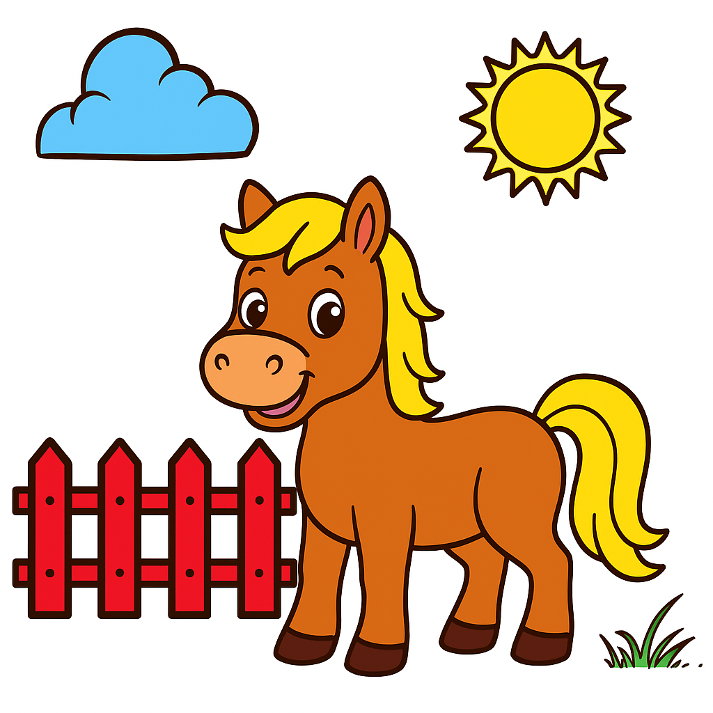 Cartoon horse with a red fence, blue cloud, and yellow sun on a white background