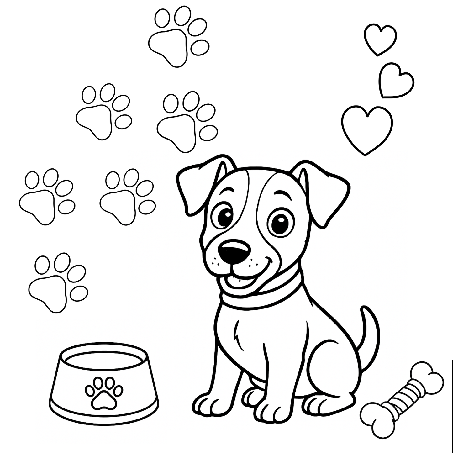 Cartoon dog with paw prints, heart shapes, a bone, and a bowl on a white background