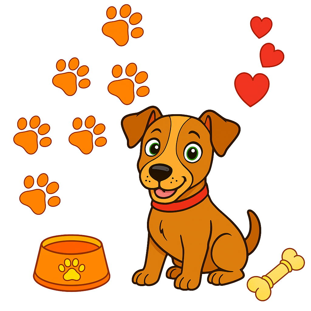 Cartoon dog with orange bowl, bone, and paw prints on a white background