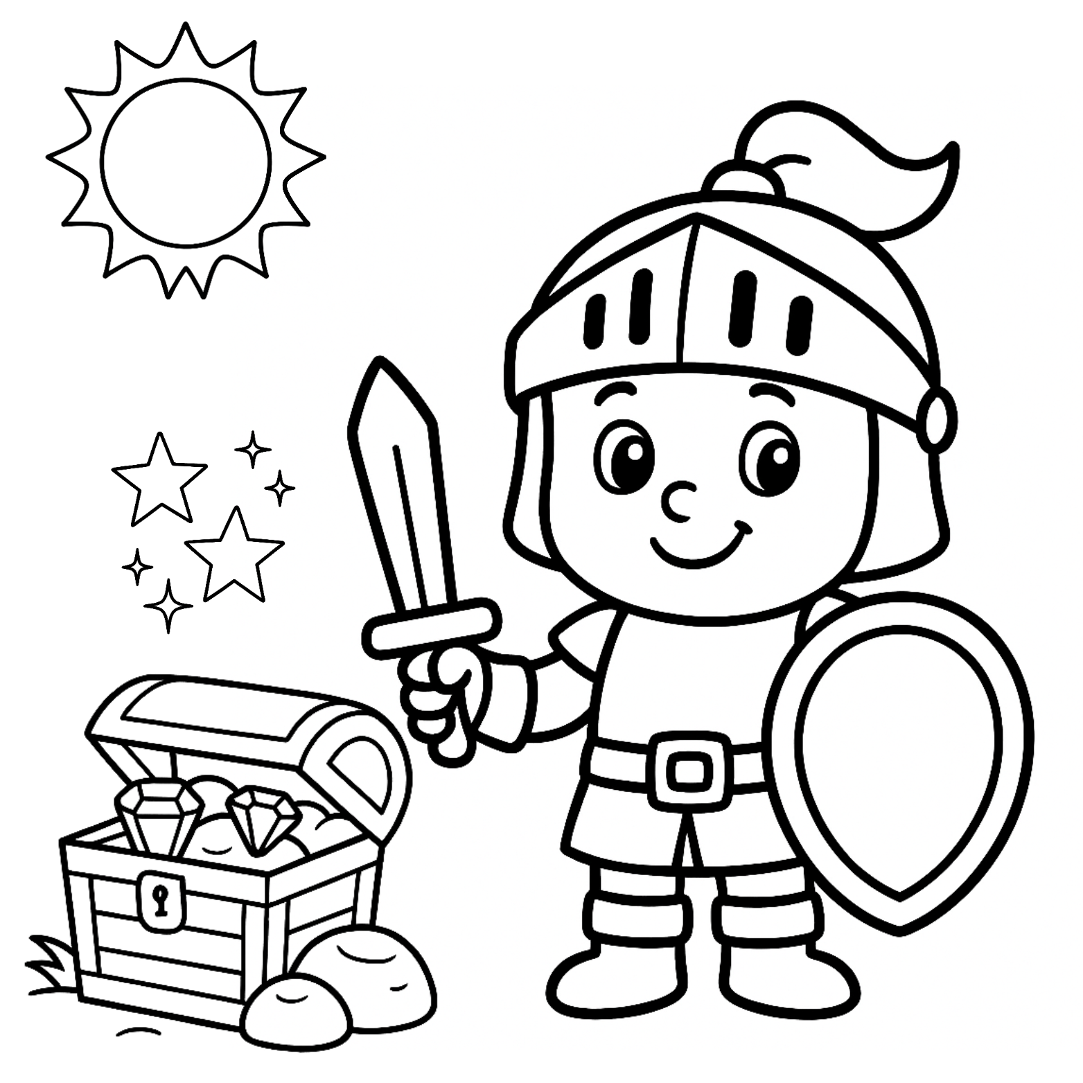 Cartoon knight with a sword and shield next to a treasure chest on a white background