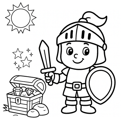 Cartoon knight with a sword and shield next to a treasure chest on a white background