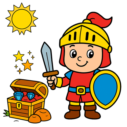 Cartoon knight in red armor with a sword and shield, next to an open treasure chest under a sun.