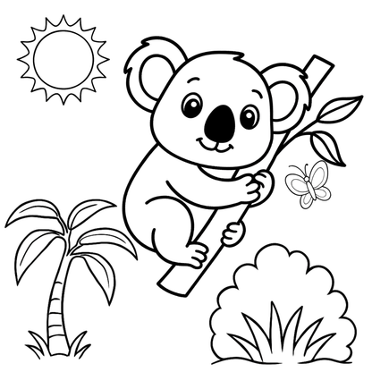 Coloring page of a koala on a branch with a butterfly, palm tree, and sun.