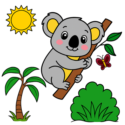 Cartoon koala on a branch with a butterfly and sun in the background