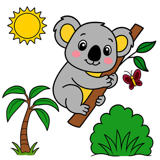 Cartoon koala on a branch with a butterfly and sun in the background