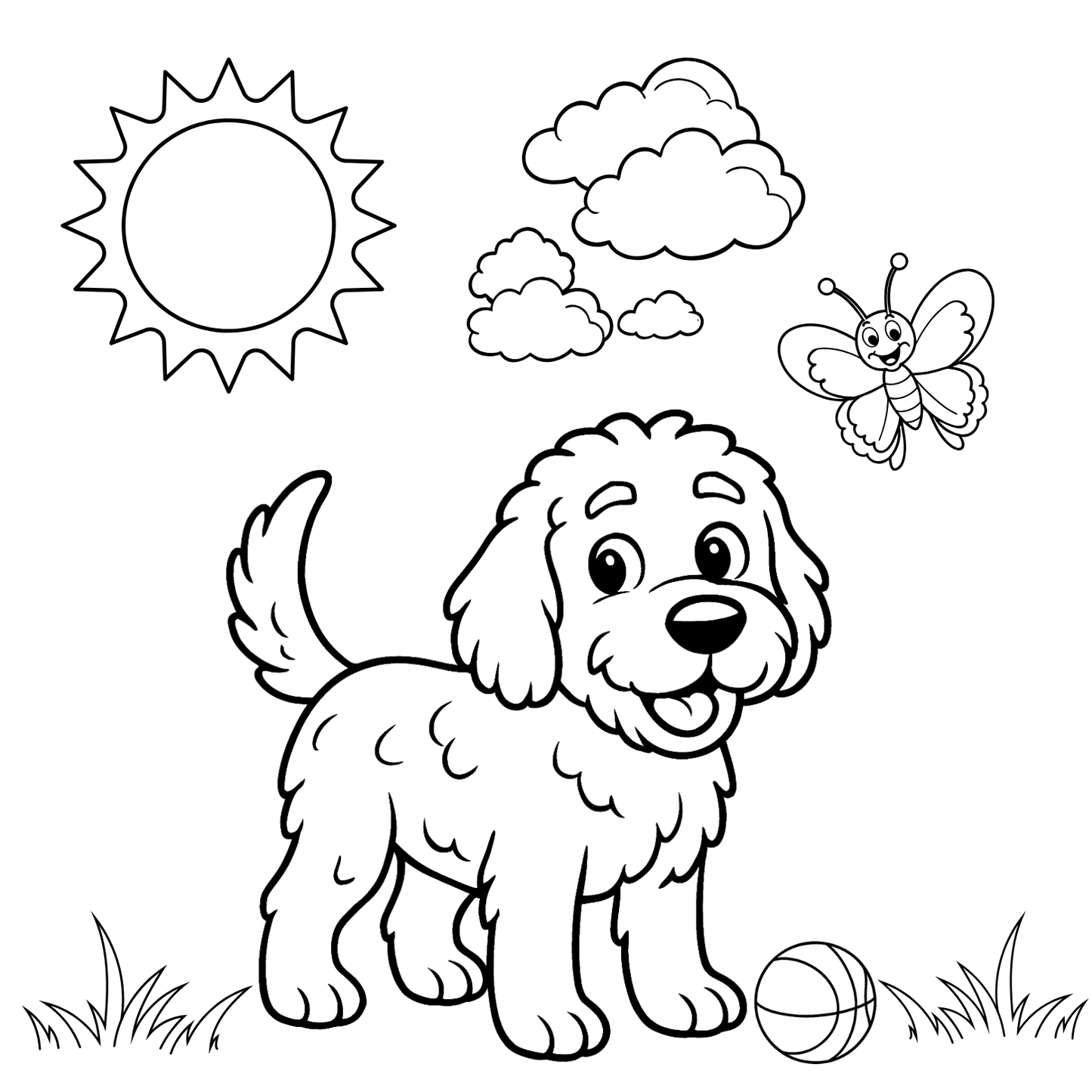 Coloring page with a dog, sun, clouds, and butterfly on a white background
