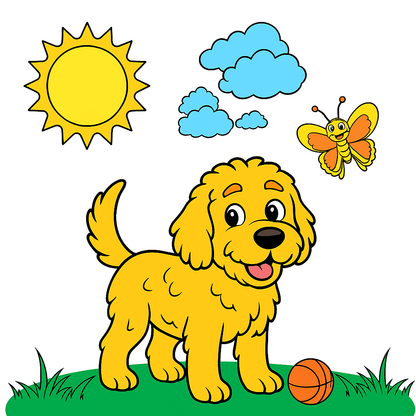 Cartoon dog with a ball, sun, clouds, and butterfly on a white background