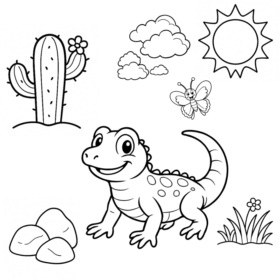 Coloring page with a lizard, cactus, sun, clouds, and butterfly on a white background