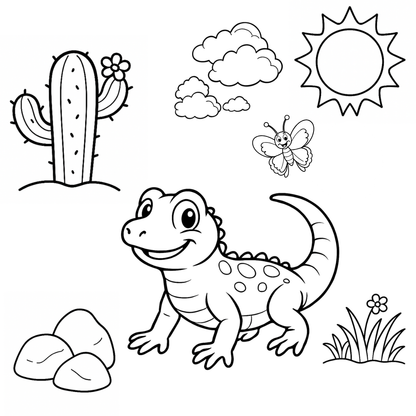 Coloring page with a lizard, cactus, sun, clouds, and butterfly on a white background