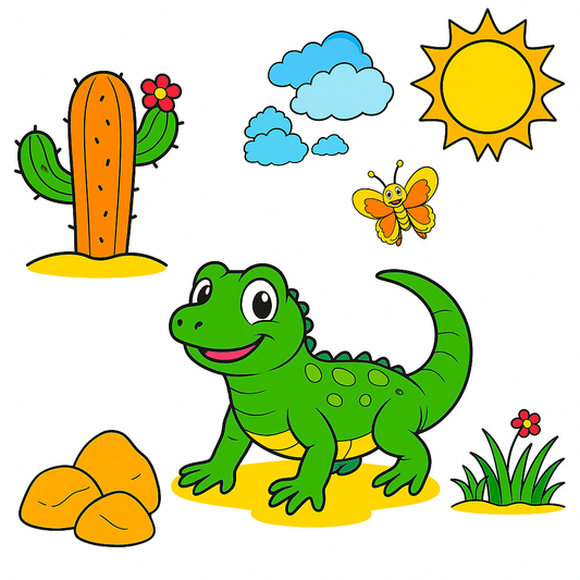 Cartoon lizard with cactus, sun, clouds, and flowers on a white background