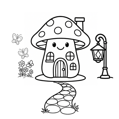Mushroom-shaped house with a path, flowers, and a lamp post on a white background