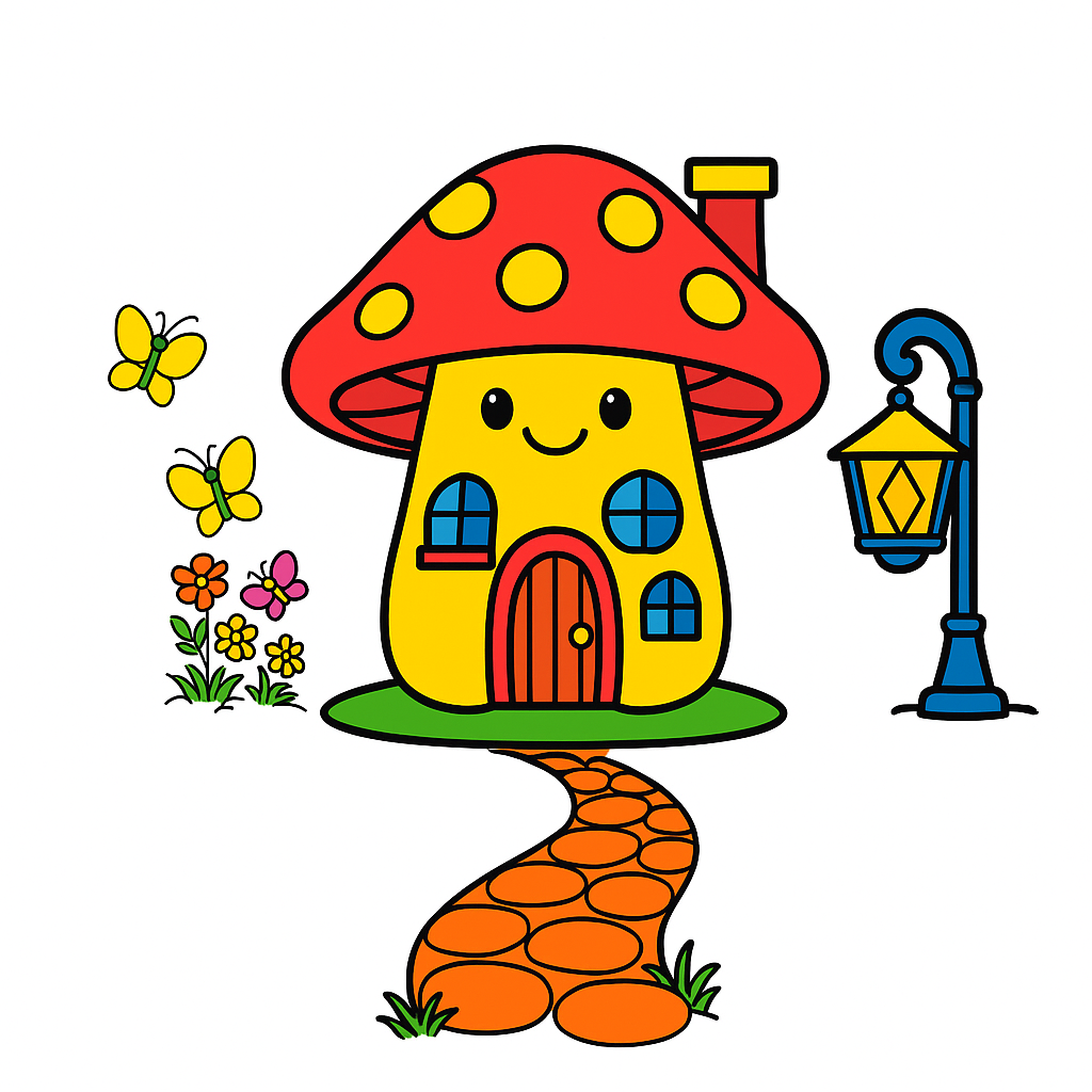 Colorful cartoon mushroom house with a lamp post and butterflies on a white background