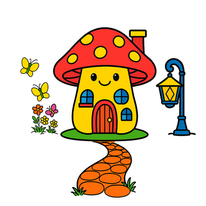 Colorful cartoon mushroom house with a lamp post and butterflies on a white background