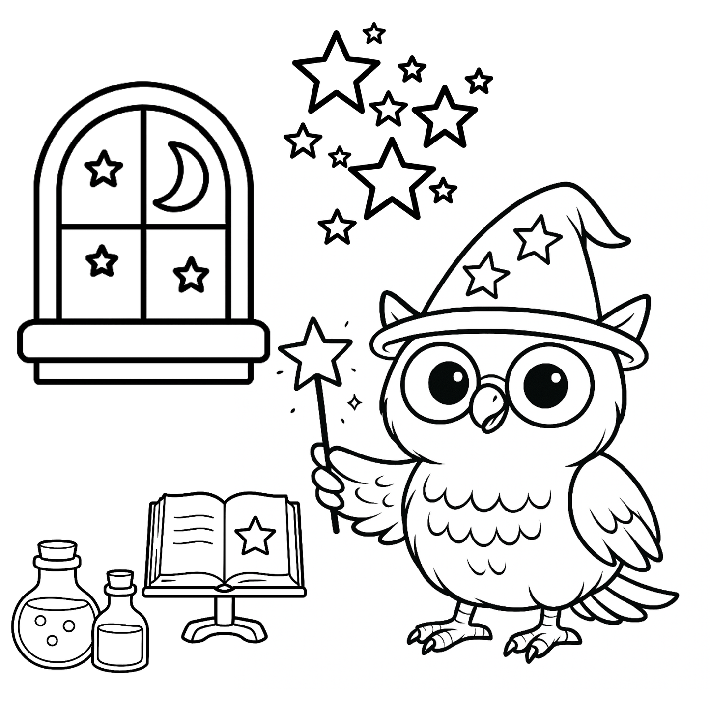 Coloring page of a wizard owl with a book, bottles, and window with stars and moon.