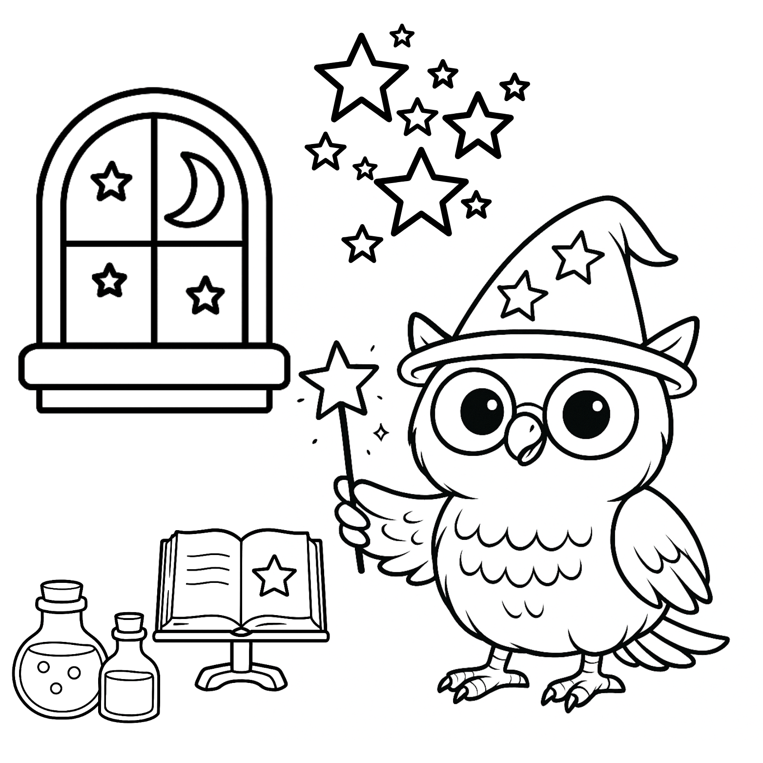 Coloring page of a wizard owl with a book, bottles, and window with stars and moon.