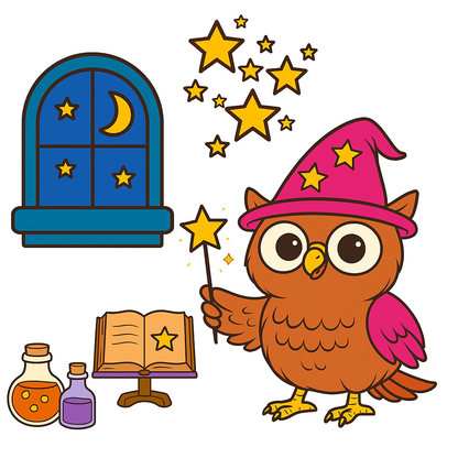 Cartoon owl in a wizard hat with stars, a book, and potions on a white background