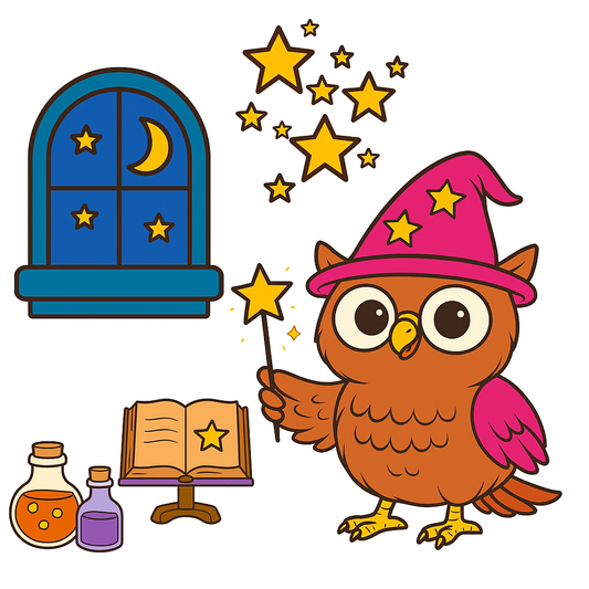 Cartoon owl in a wizard hat with stars, a book, and potions on a white background