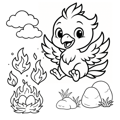 Black and white illustration of a baby phoenix with flames, rocks, and grass on a white background