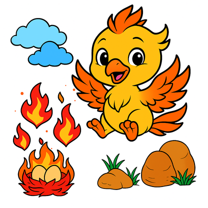 Cartoon chick with flames, eggs, and rocks on a white background