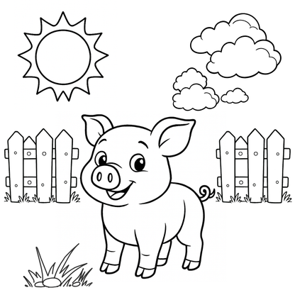 Cartoon pig coloring page with sun, clouds, and fence