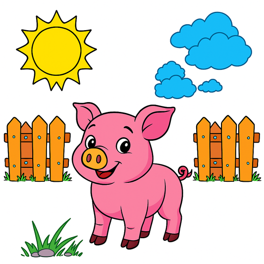 Cartoon pig standing between two wooden fences with a sun and clouds in the background.