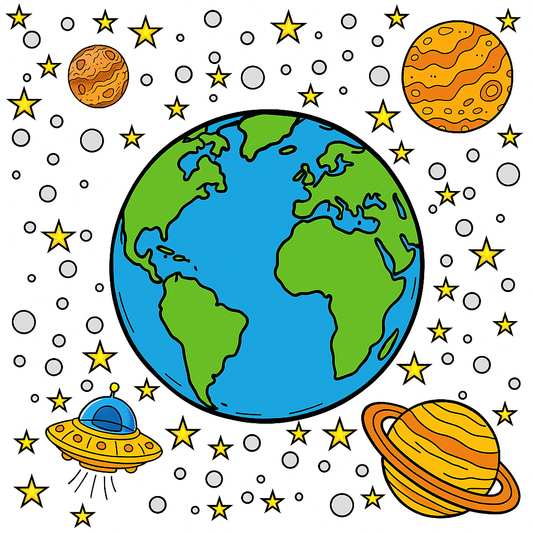 Cartoon illustration of Earth with planets, stars, and a UFO on a white background