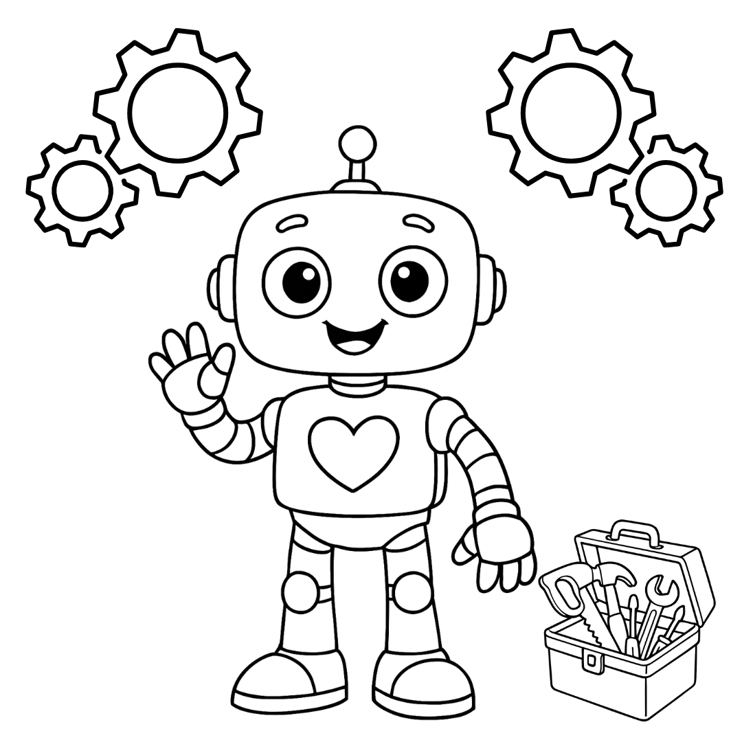 Coloring page of a robot with a heart on its chest, surrounded by gears and a toolbox.