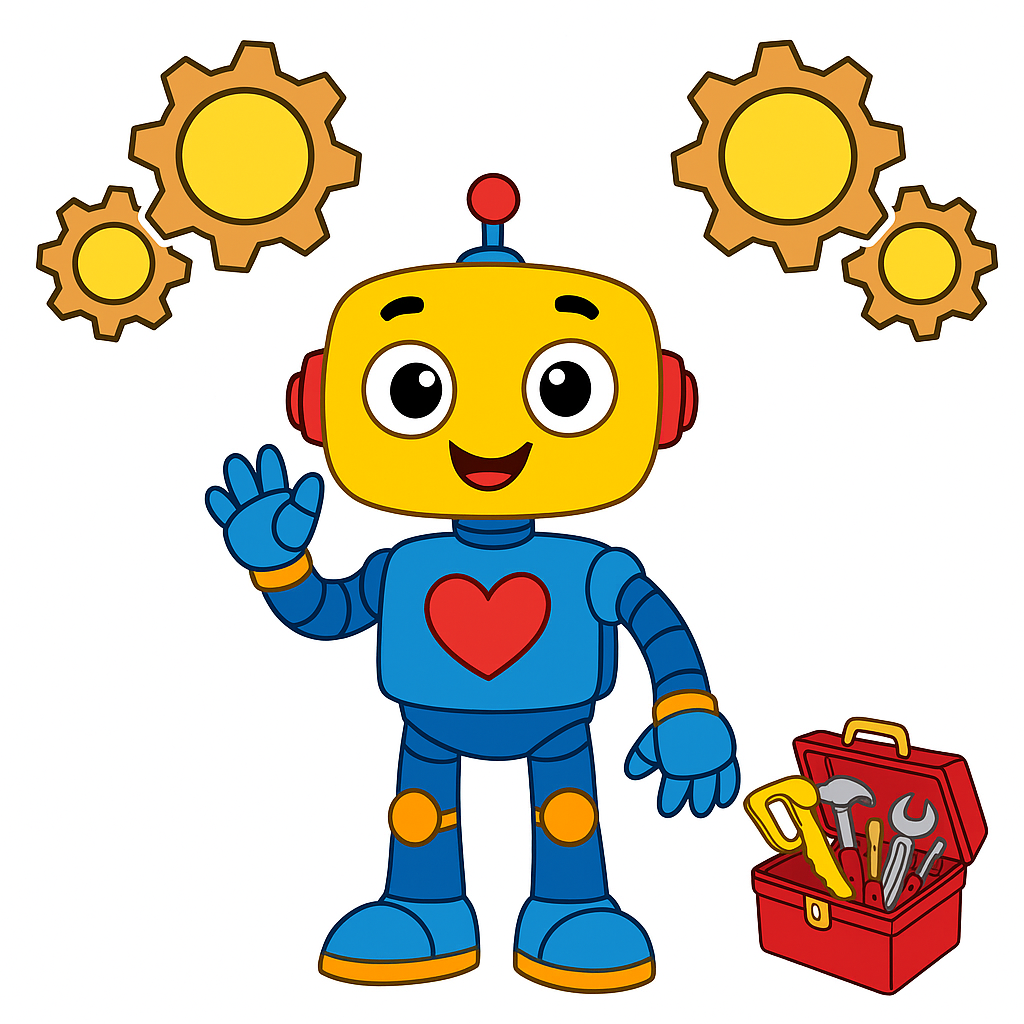Cartoon robot with a toolbox and gears on a white background