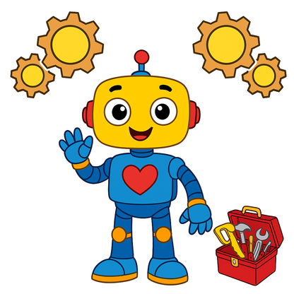 Cartoon robot with a toolbox and gears on a white background