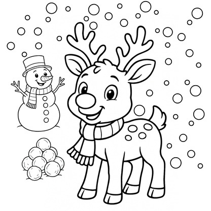 Coloring page with a reindeer, snowman, and snowballs on a snowy background.