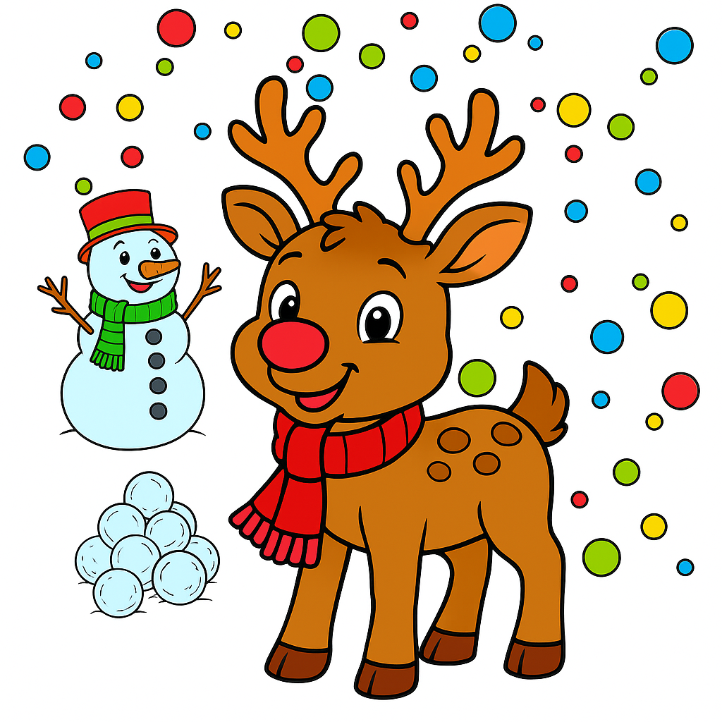 Cartoon reindeer with snowman and snowballs on a white background