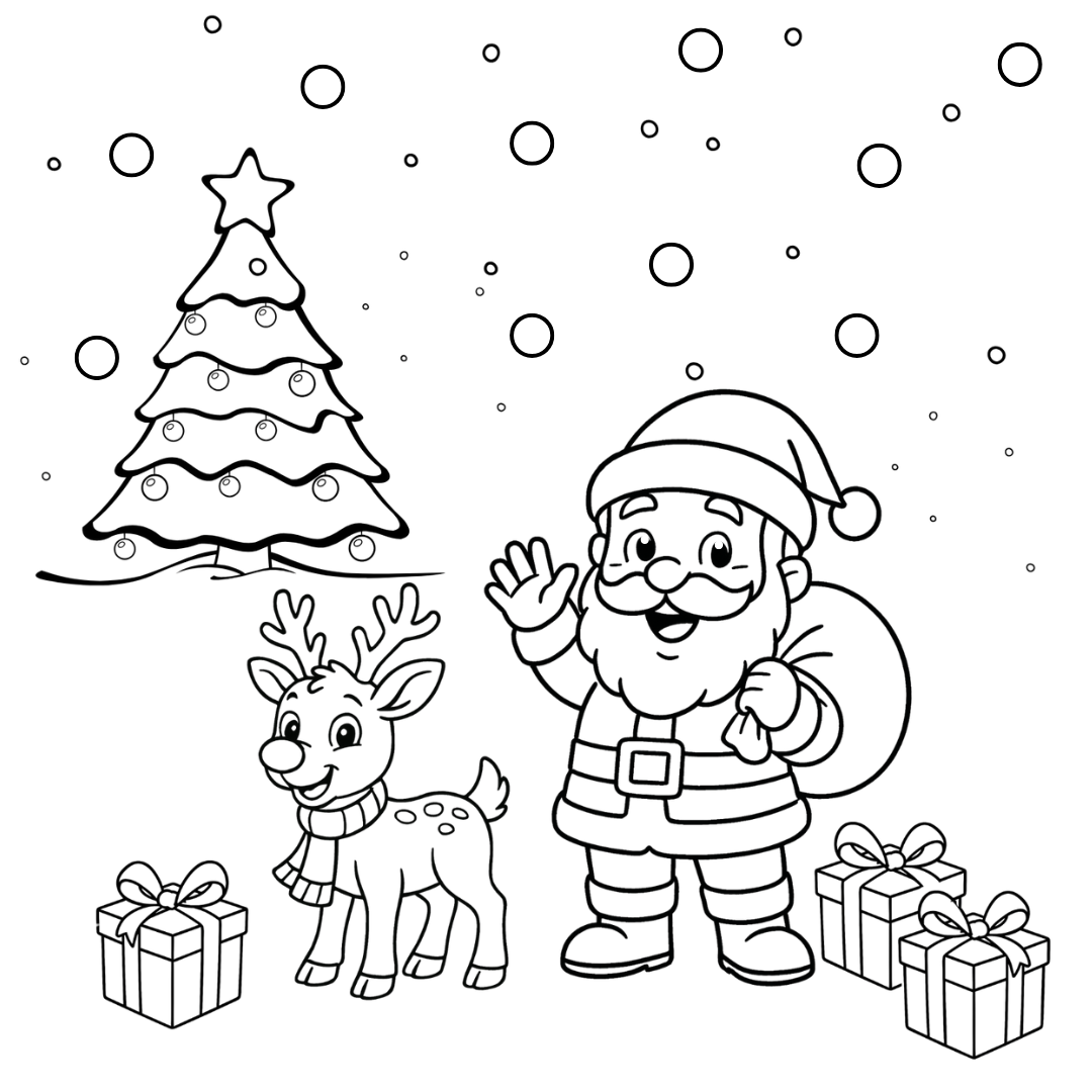 Black and white illustration of Santa Claus, reindeer, and Christmas tree with presents.