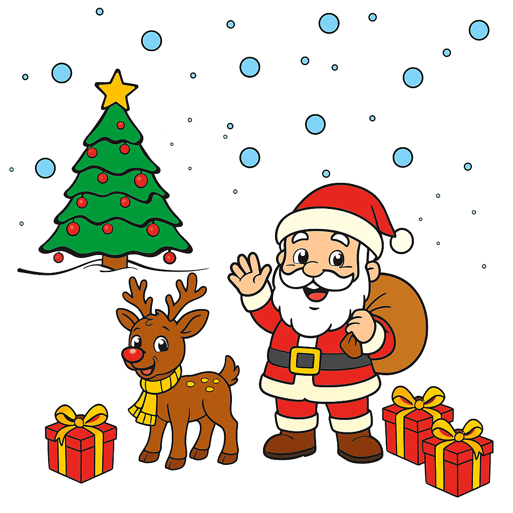 Cartoon Santa Claus with reindeer, Christmas tree, and presents on a white background
