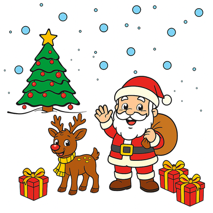Cartoon Santa Claus with reindeer, Christmas tree, and presents on a white background