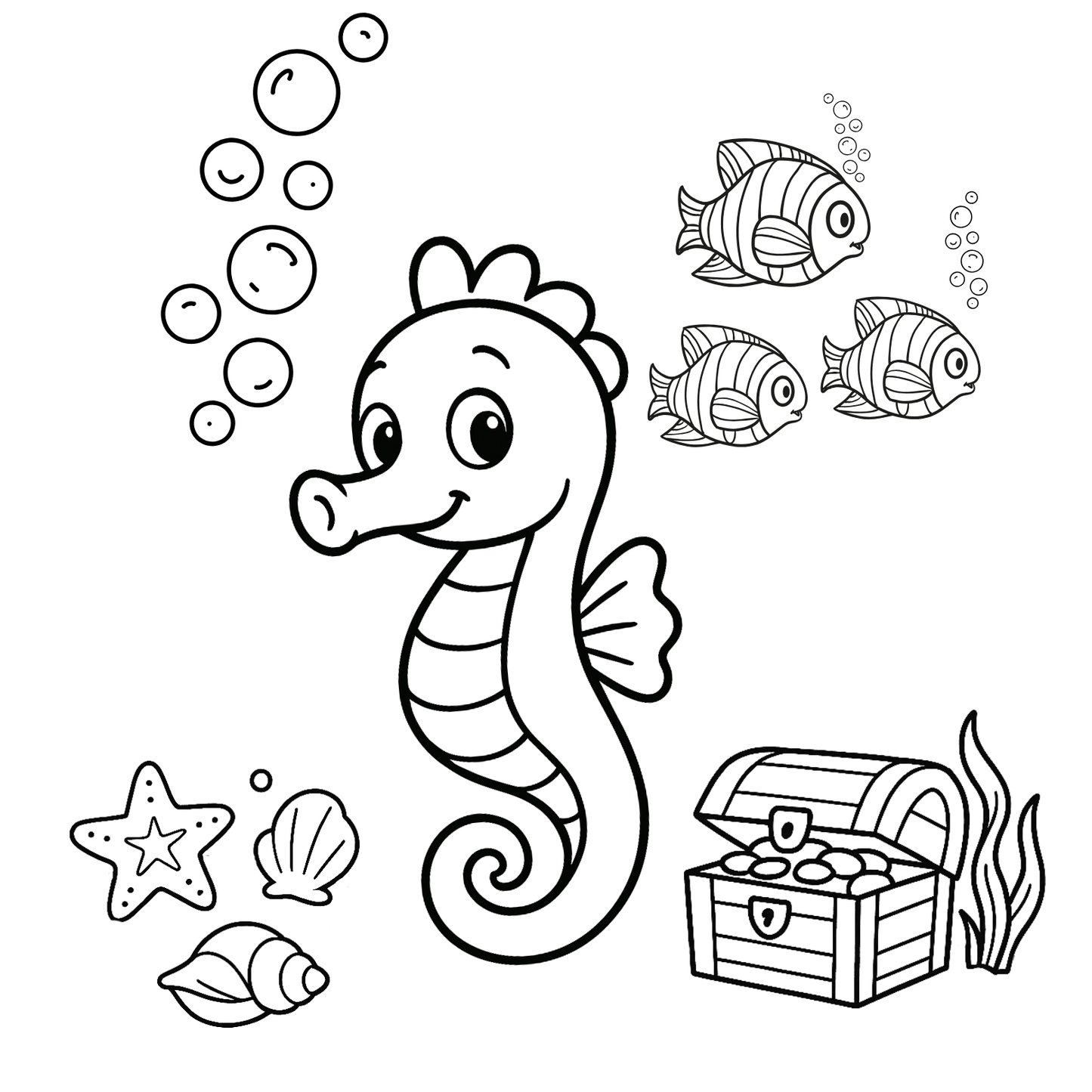Coloring page with a seahorse, fish, starfish, and treasure chest on a white background