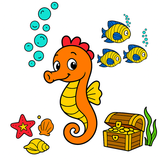 Colorful illustration of a seahorse, fish, starfish, and treasure chest on a white background