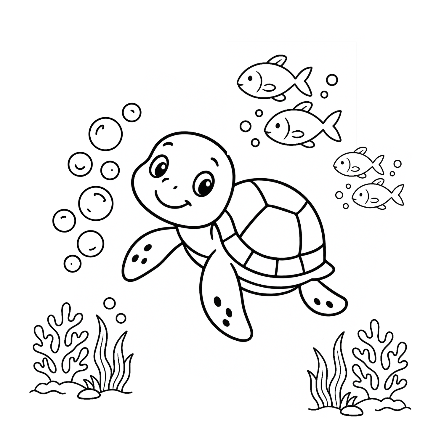 Black and white illustration of a turtle and fish underwater with bubbles and seaweed.