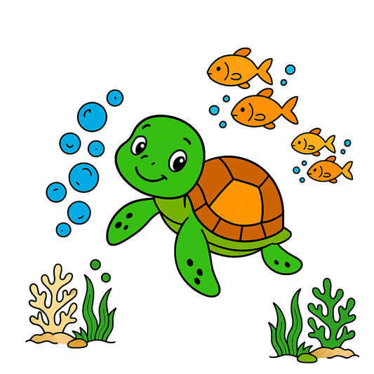 Colorful illustration of a turtle and fish with underwater elements on a white background