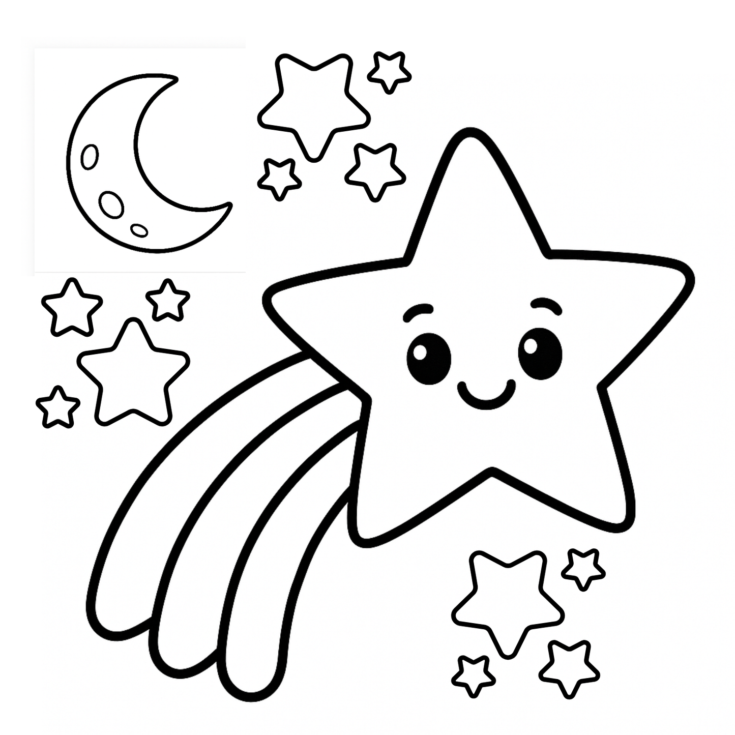 Coloring page with a smiling star, moon, and stars on a white background