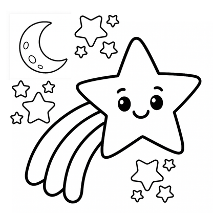 Coloring page with a smiling star, moon, and stars on a white background