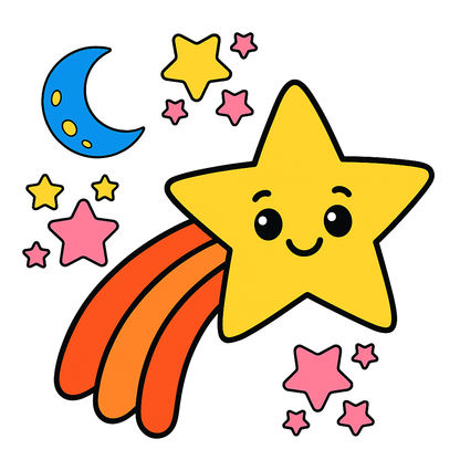 Colorful star with a rainbow, moon, and stars on a white background